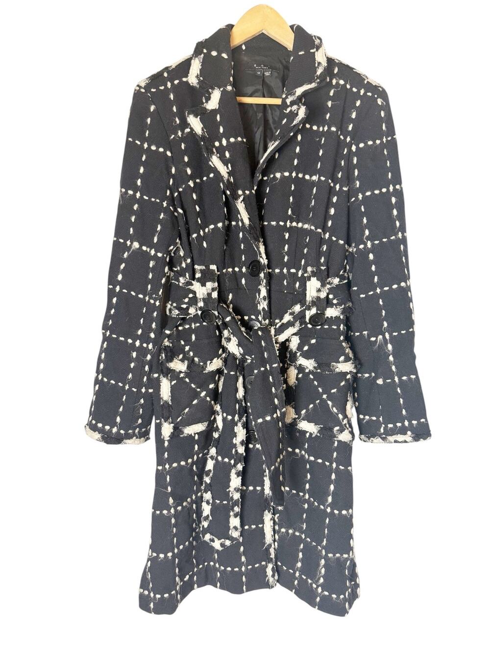 ECI New York Black White Plaid Tweed Belted Wool Blend Long Trench Coat Size 10